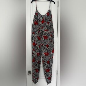 Madewell Coral Red and Black Leaf Print Jumpsuit